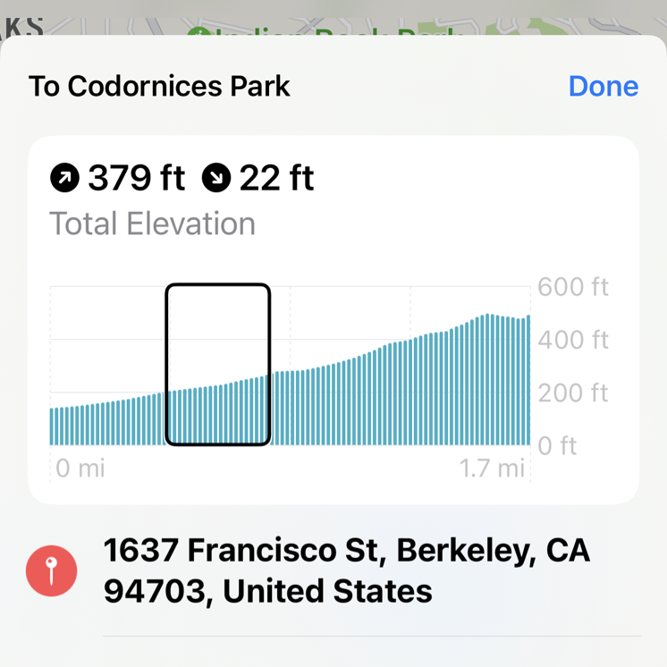 A partial screenshot of a bar chart in Maps that shows the range of elevations over the total distance of the trip. A VoiceOver focus indicator is visible on top of the chart, containing approximately one-fifth of the total number of elevation values.