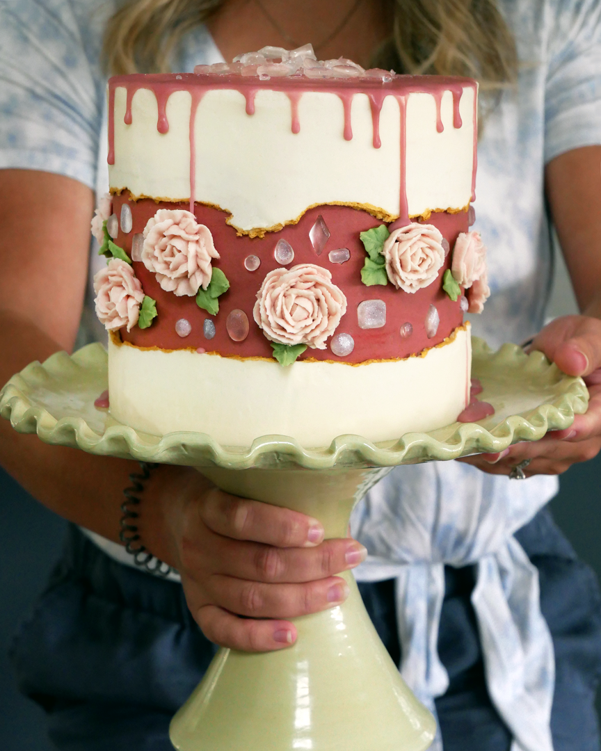 diamond buttercream rose fault line cake with isomalt diamonds and piped buttercream flowers